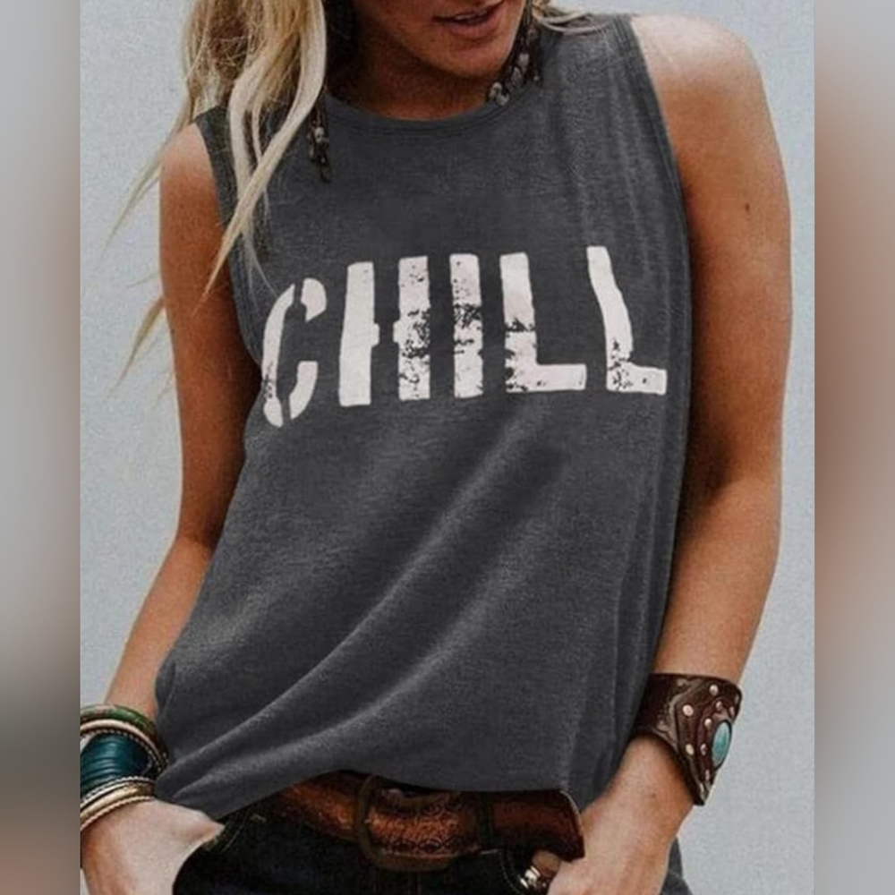 Super Cute Womens Crew Neck Grey "Chill" Tank Top Casual Shirts Blouse XXL